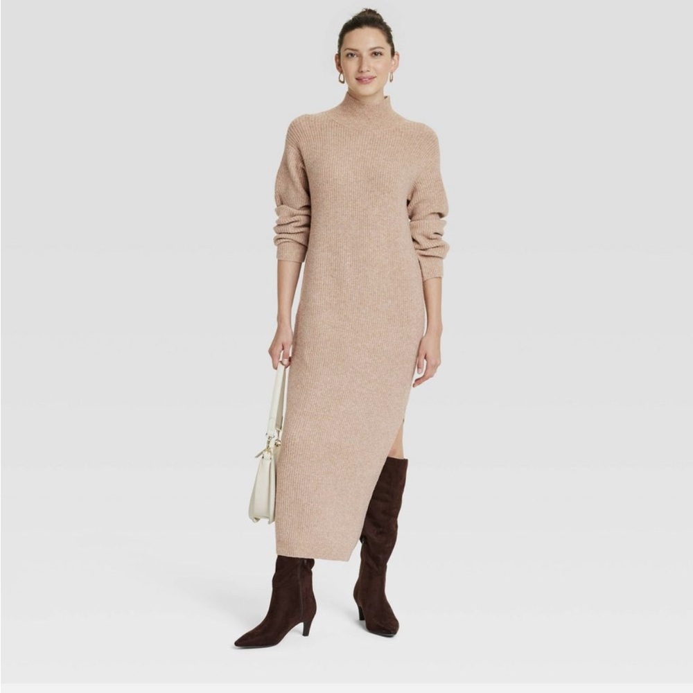 Women's Long Sleeve Midi Sweater Dress - Universal Thread Tan XS